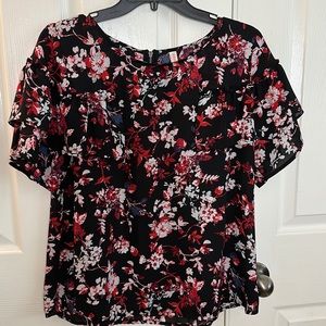 Red and Black Flora Blouse with Ruffle Detail